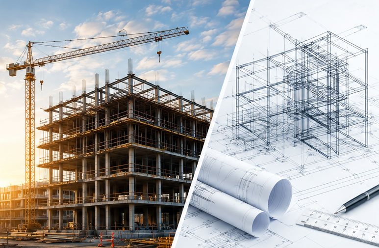 Commercial building construction site with structural engineering blueprint overlay